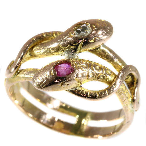 Antique Victorian Ruby and Diamond Double Headed Gold Snake Ring