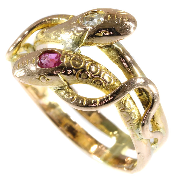 Antique Victorian Ruby and Diamond Double Headed Gold Snake Ring