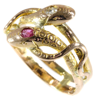 Antique Victorian Ruby and Diamond Double Headed Gold Snake Ring