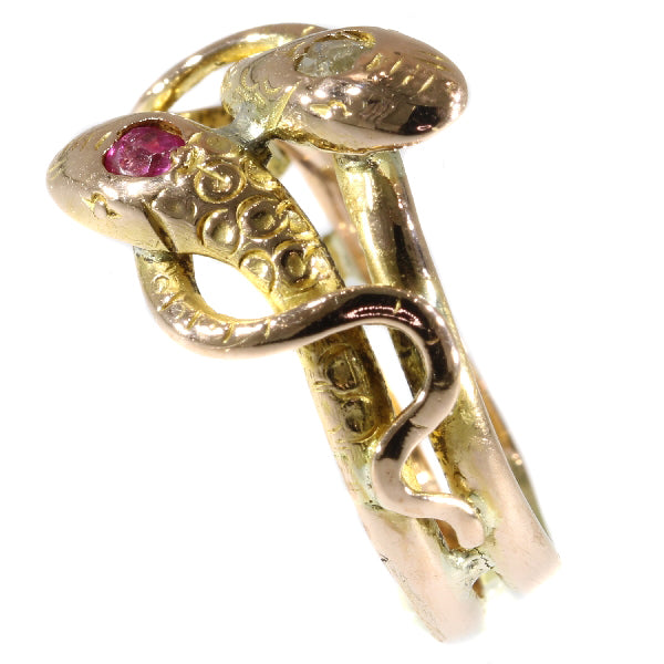Antique Victorian Ruby and Diamond Double Headed Gold Snake Ring