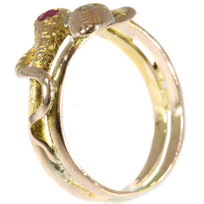 Antique Victorian Ruby and Diamond Double Headed Gold Snake Ring