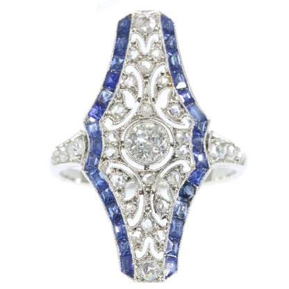 Antique Art Deco Platinum Diamond and Sapphire Engagement Ring