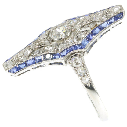 Antique Art Deco Platinum Diamond and Sapphire Engagement Ring