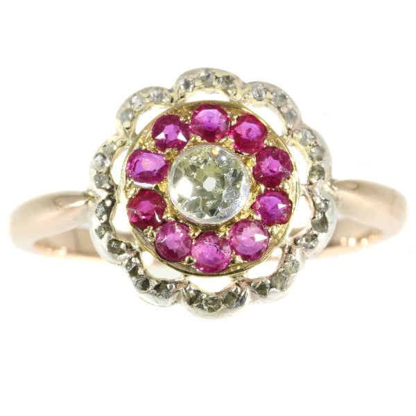 antique Victorian ruby and diamond cluster ring set