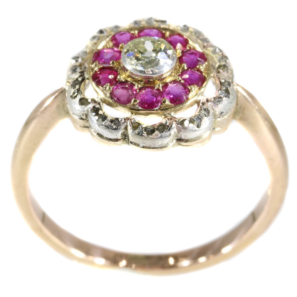 antique Victorian ruby and diamond cluster ring set