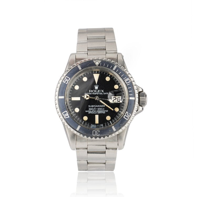 Rolex Oyster Perpetual Date Submariner 1680 Stainless Steel 40mm Automatic Watch with Blue Bezel
