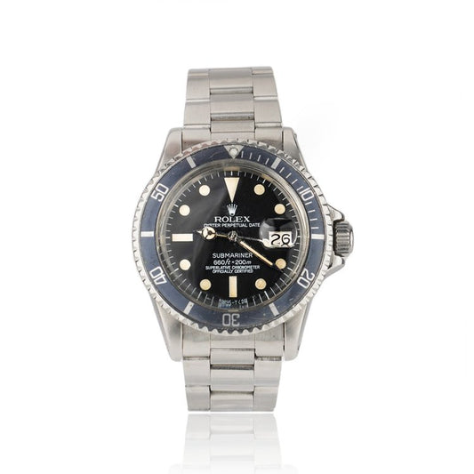 Rolex Oyster Perpetual Date Submariner 1680 Stainless Steel 40mm Automatic Watch with Blue Bezel
