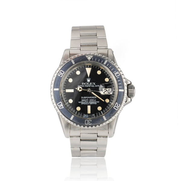 Rolex Oyster Perpetual Date Submariner 1680 Stainless Steel 40mm Automatic Watch with Blue Bezel
