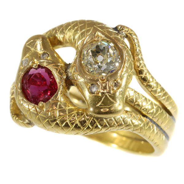 Antique Late Victorian Ruby and Diamond Gold Double Serpent Snake Ring
