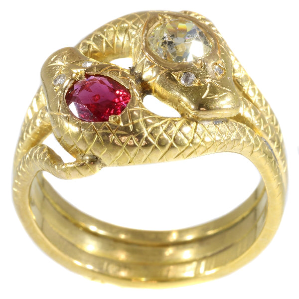 Antique Late Victorian Ruby and Diamond Gold Double Serpent Snake Ring
