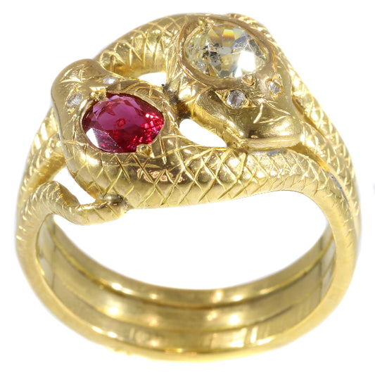 Antique Late Victorian Ruby and Diamond Gold Double Serpent Snake Ring
