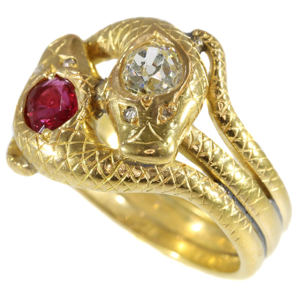 Antique Late Victorian Ruby and Diamond Gold Double Serpent Snake Ring