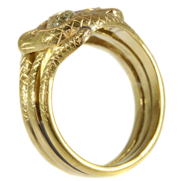 Antique Late Victorian Ruby and Diamond Gold Double Serpent Snake Ring