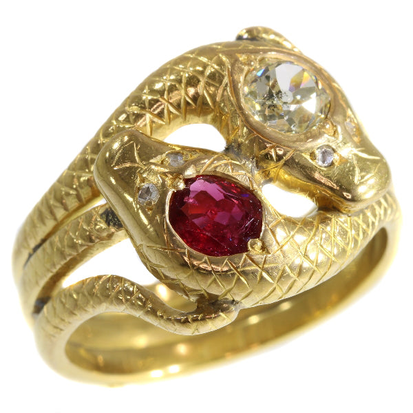 Antique Late Victorian Ruby and Diamond Gold Double Serpent Snake Ring