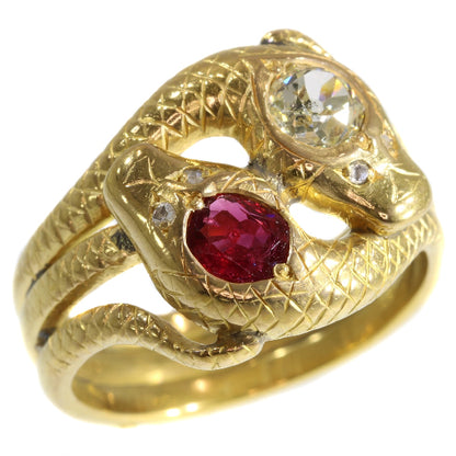 Antique Late Victorian Ruby and Diamond Gold Double Serpent Snake Ring