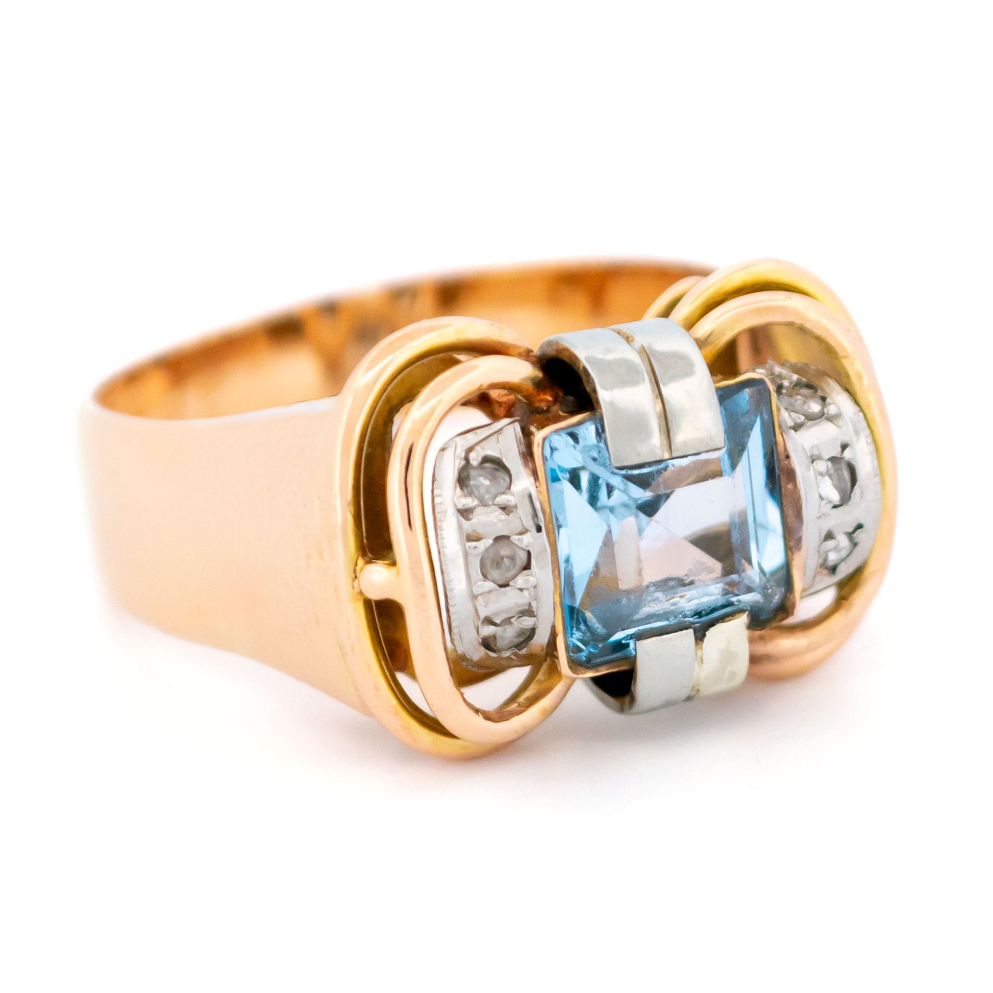 Vintage Retro Blue Spinel and Diamond Tank Ring