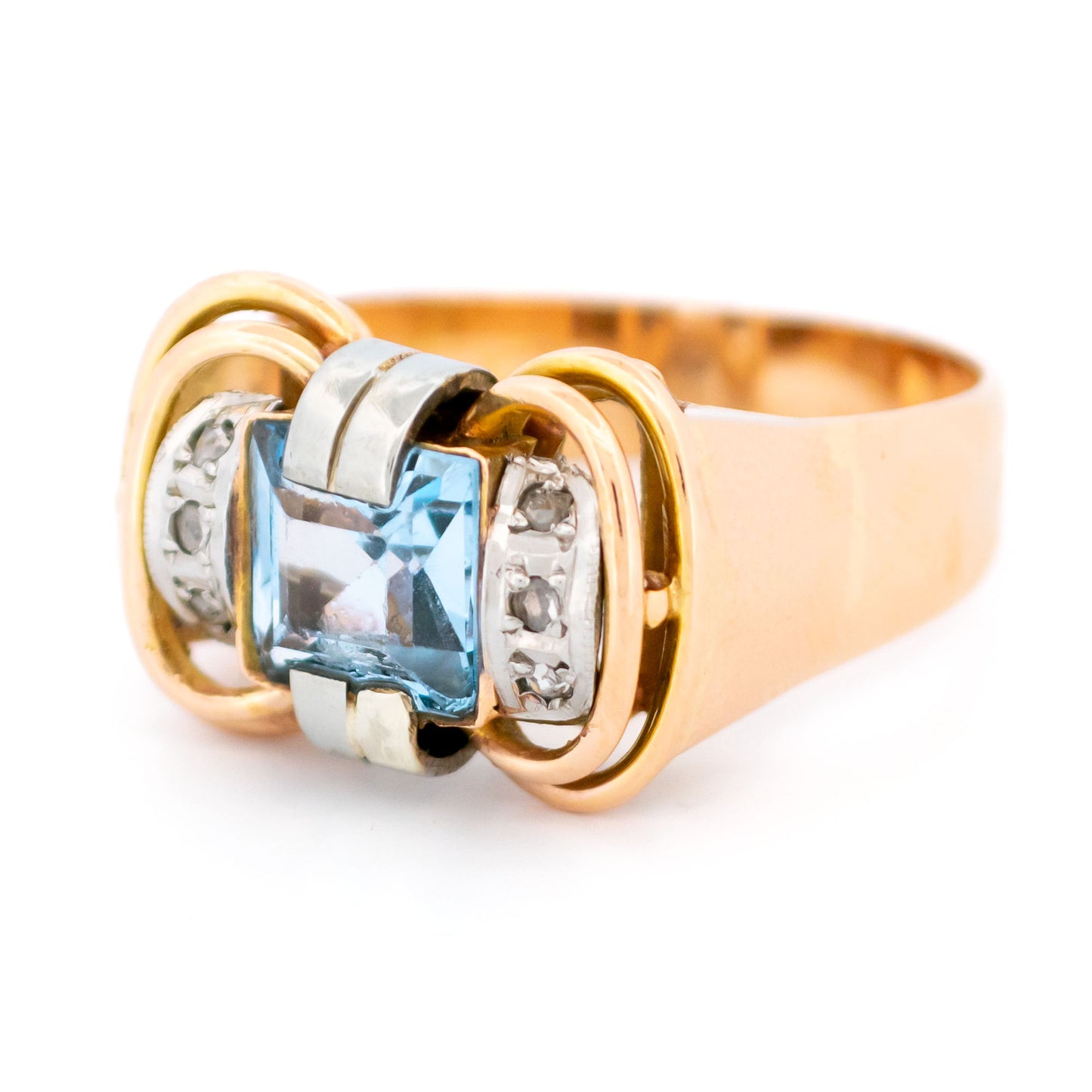Vintage Retro Blue Spinel and Diamond Tank Ring