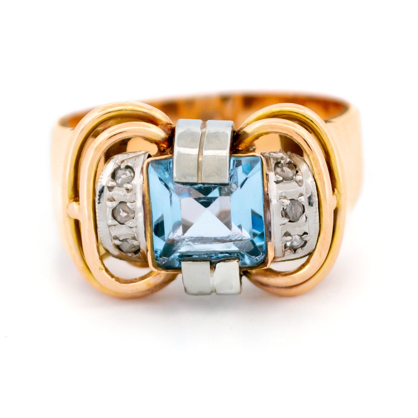 Vintage Retro Blue Spinel and Diamond Tank Ring