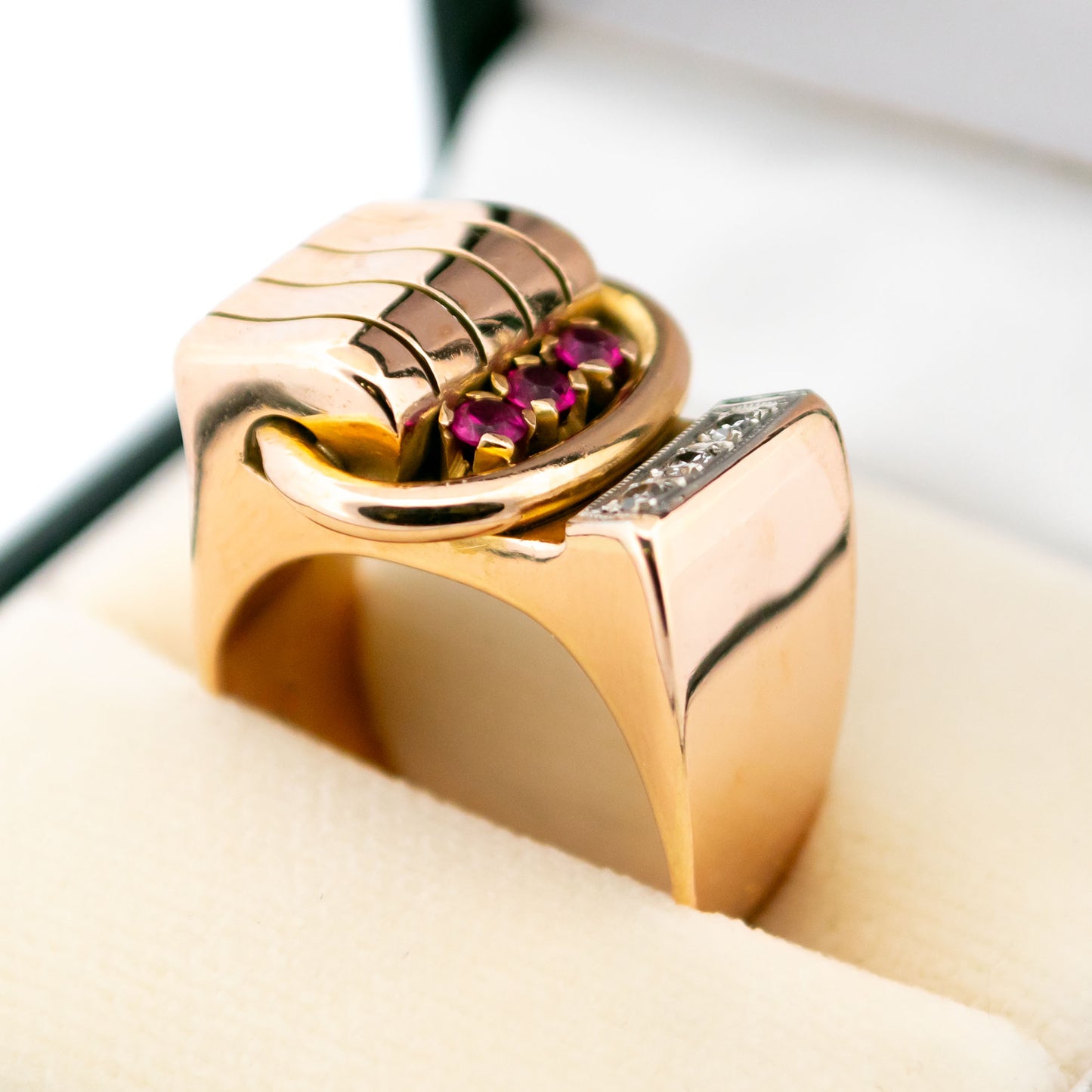 Vintage 1940s Diamond Ruby 14ct Gold Tank Band Ring