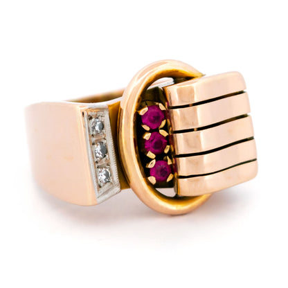 Vintage 1940s Diamond Ruby 14ct Gold Tank Band Ring