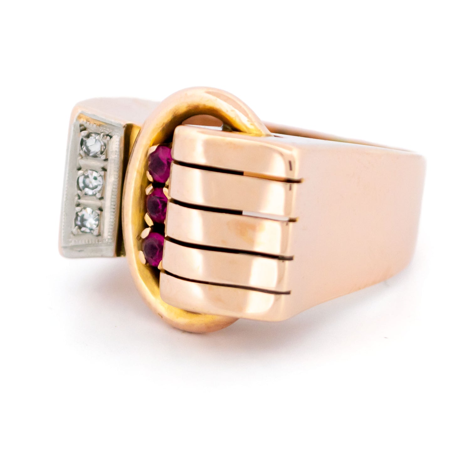 Vintage 1940s Diamond Ruby 14ct Gold Tank Band Ring