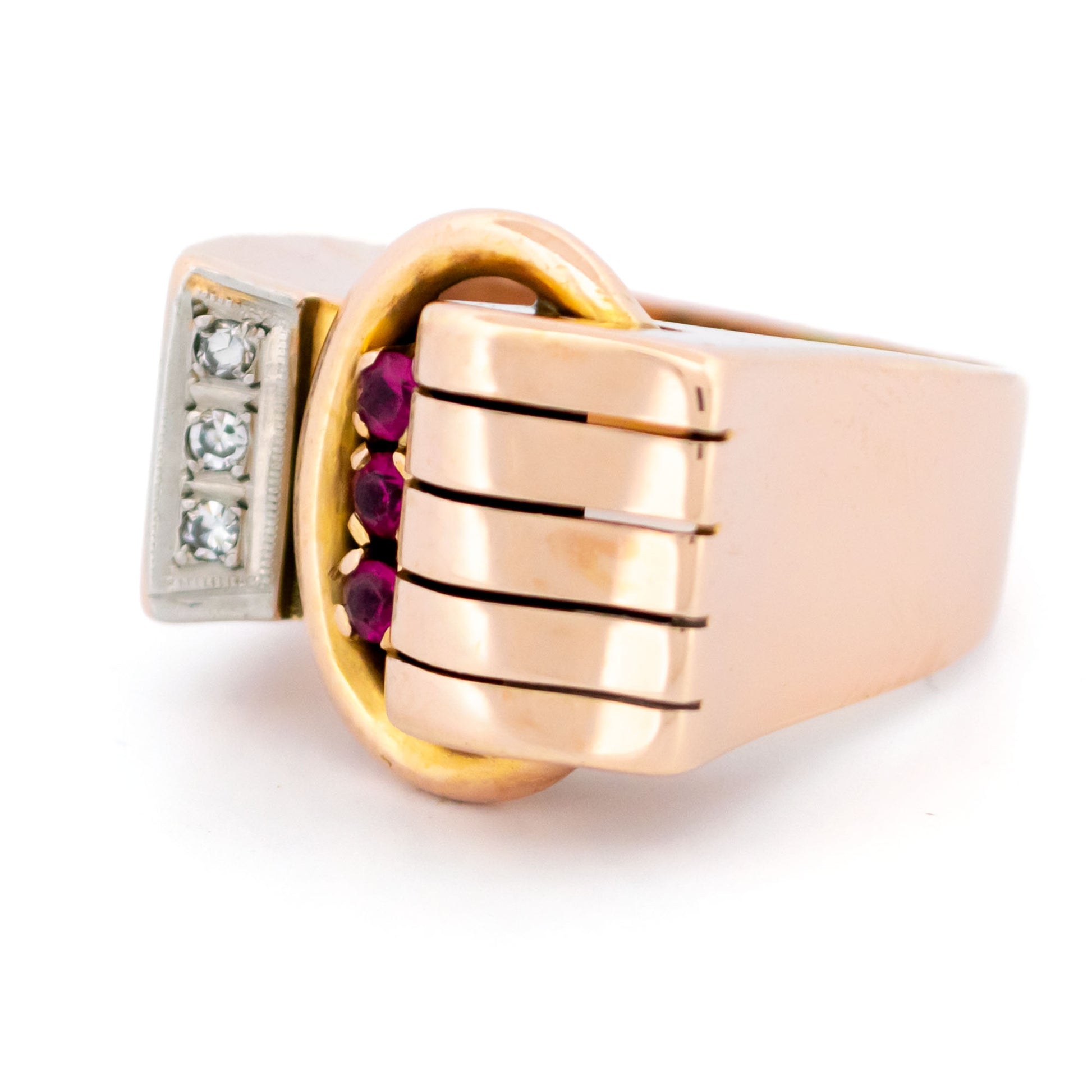 Vintage 1940s Diamond Ruby 14ct Gold Tank Band Ring