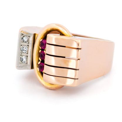 Vintage 1940s Diamond Ruby 14ct Gold Tank Band Ring