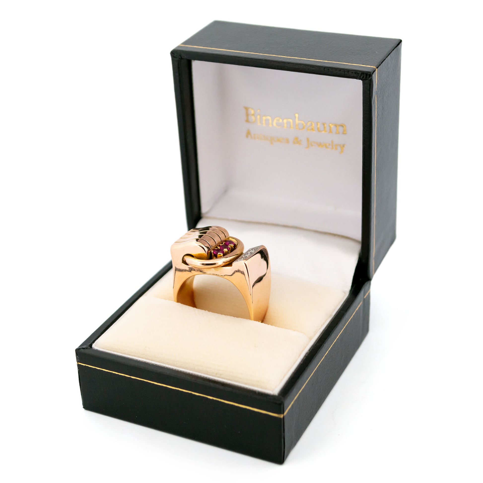 Vintage 1940s Diamond Ruby 14ct Gold Tank Band Ring