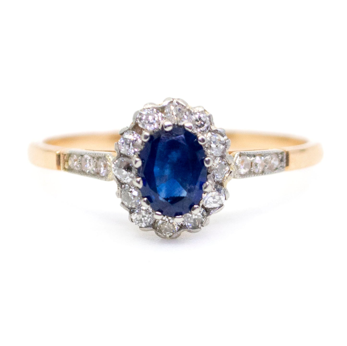 Vintage Diamond and Sapphire Yellow gold and and  Platinum Cluster Engagement Ring oval shape ring, old cut diamonds