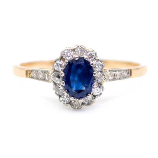Vintage Diamond and Sapphire Yellow gold and and  Platinum Cluster Engagement Ring oval shape ring, old cut diamonds