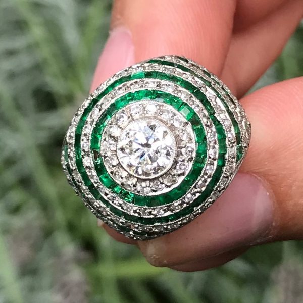 Vintage Art Deco Bombé Emerald Diamond Platinum Ring