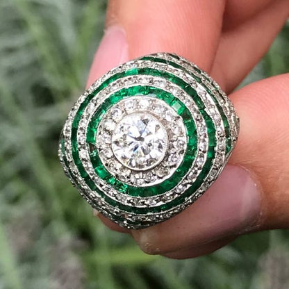 Vintage Art Deco Bombé Emerald Diamond Platinum Ring