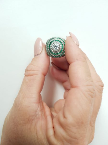 Vintage Art Deco Bombé Emerald Diamond Platinum Ring
