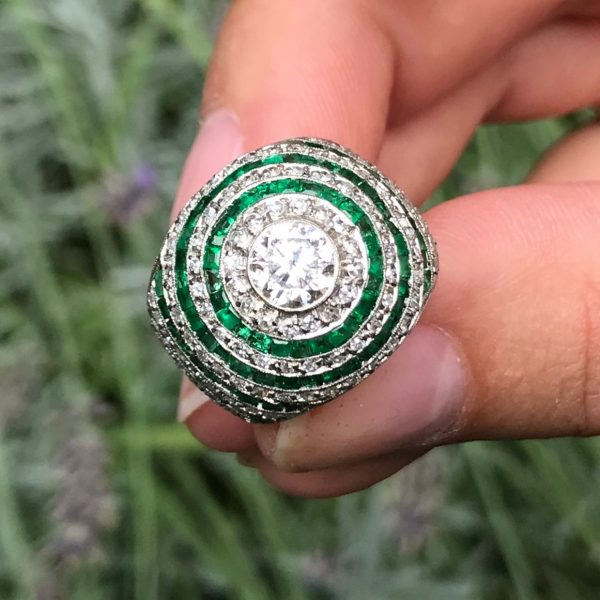 Vintage Art Deco Bombé Emerald Diamond Platinum Ring