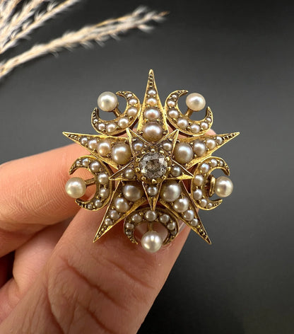 Antique 15 Carat Yellow Gold Diamond and Seed Pearl Crescent Star Brooch/Pendant