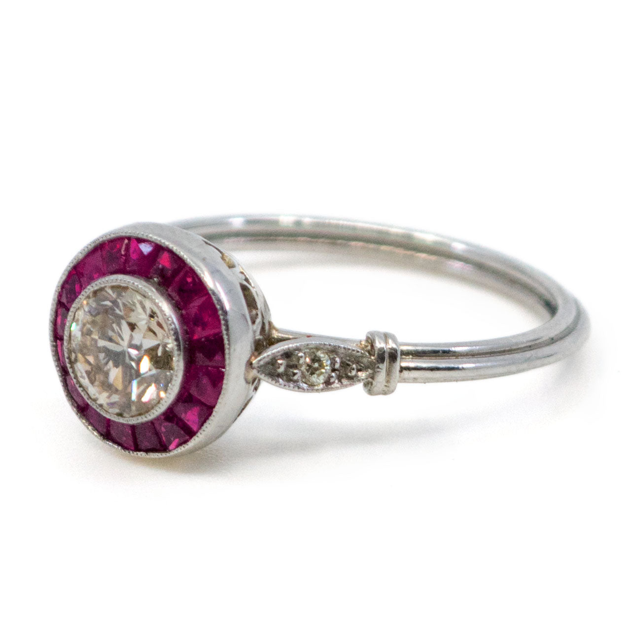 Platinum, Diamond and Ruby Halo Cluster Ring, 0.70 Carat