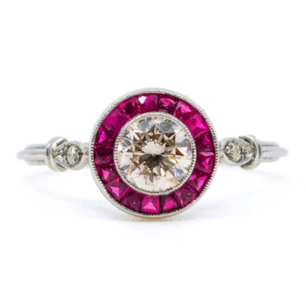 0.70ct Diamond and Ruby Halo Cluster Engagement Ring in Platinum