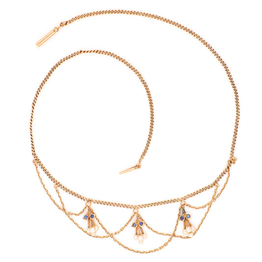 Pearl Sapphire 14 Carat Yellow Gold Festoon Necklace