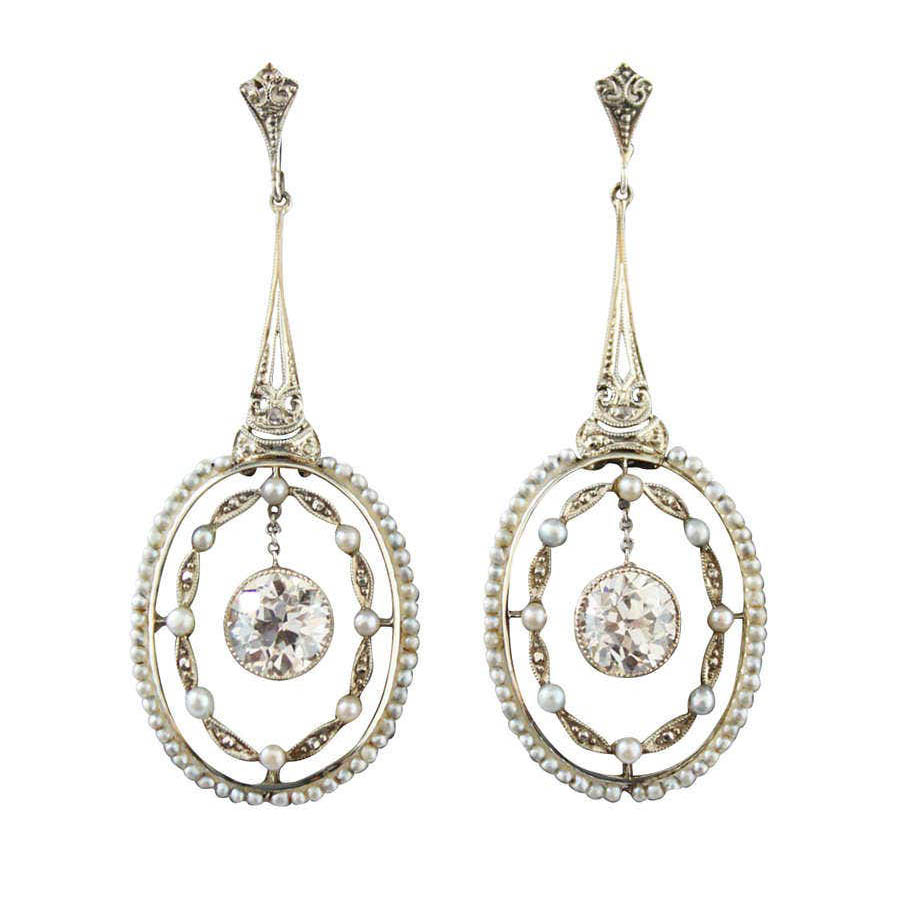 Belle Epoque Seed Pearl and Diamond Drop Earrings in Platinum