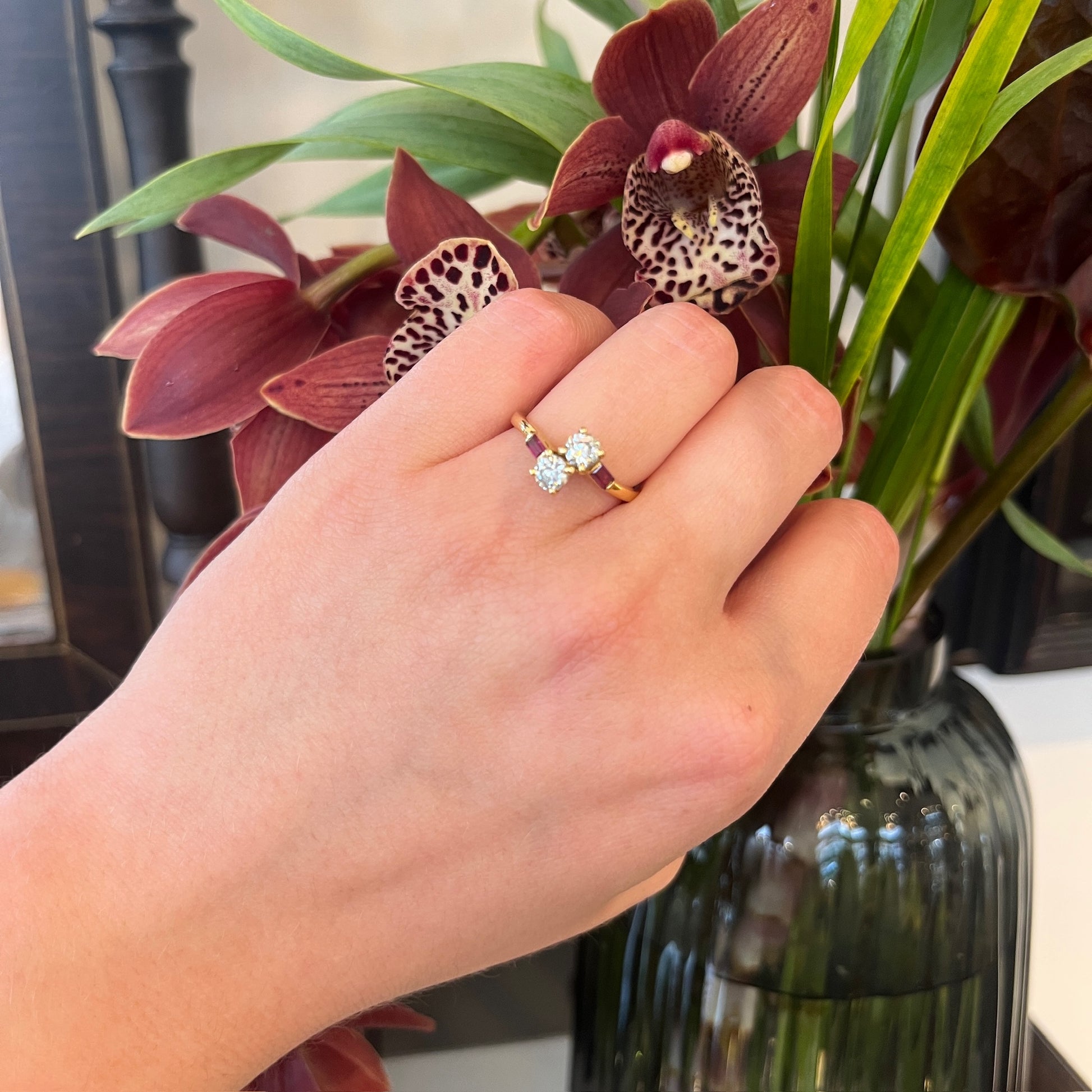 Vintage Old Cut Diamond and Ruby Toi et Moi Crossover Ring