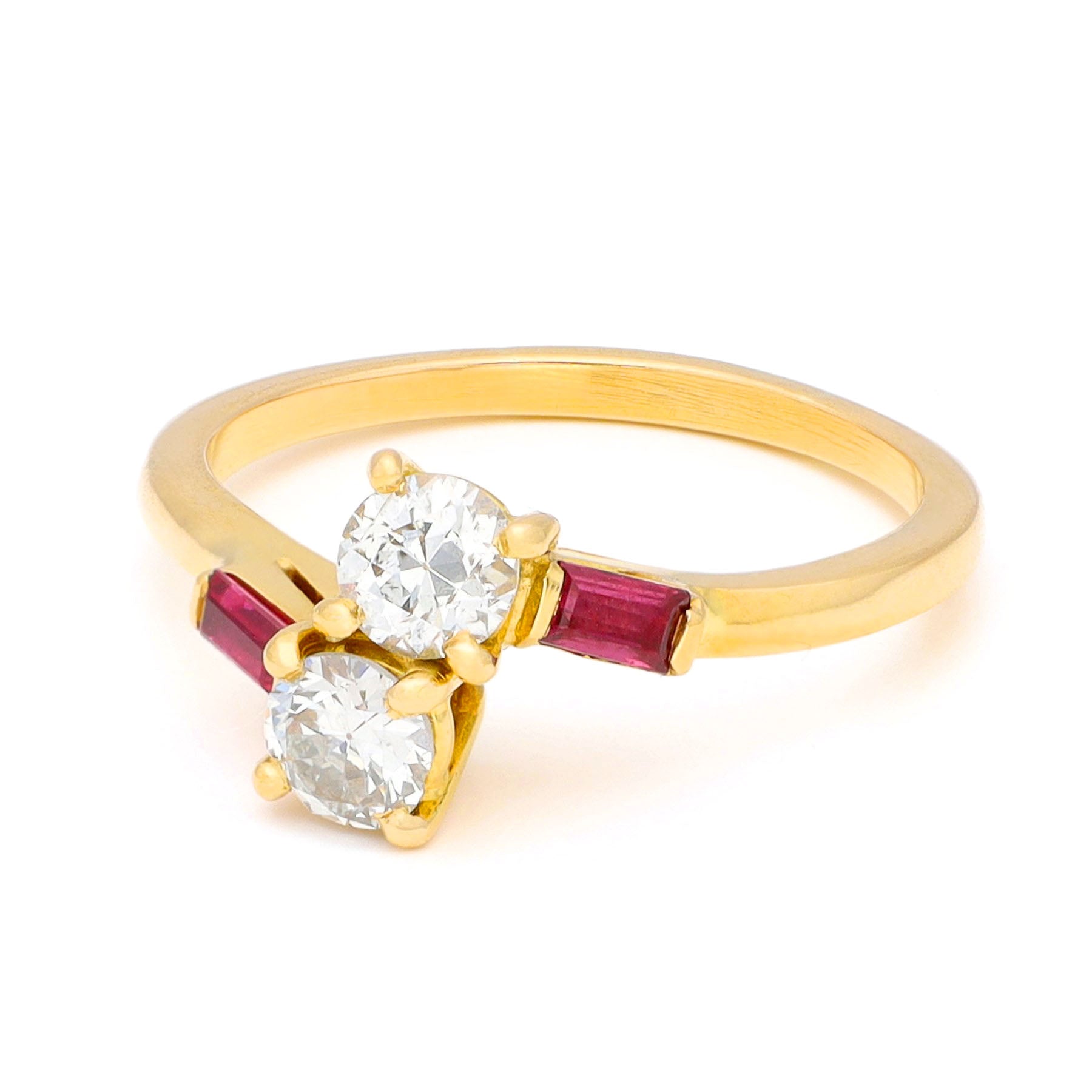 Vintage Old Cut Diamond and Ruby Toi et Moi Crossover Ring