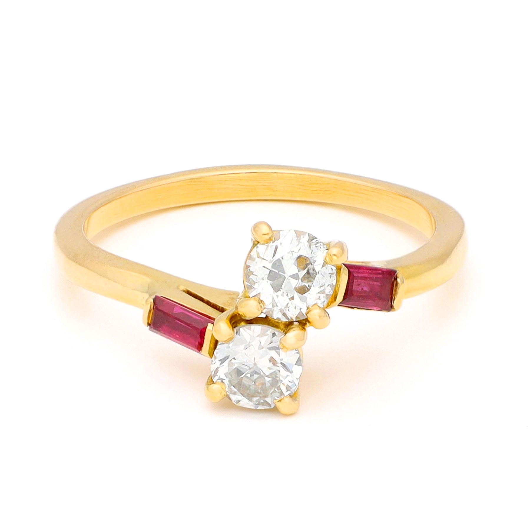 Vintage Old Cut Diamond and Ruby Toi et Moi Crossover Ring