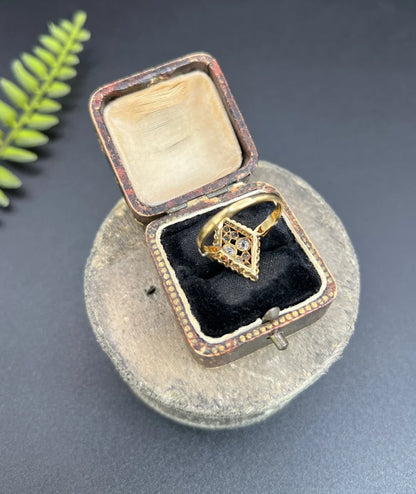 Antique Diamond Marquise Shaped Ring In 18 Carat Yellow Gold And Platinum