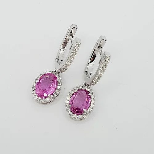 Pink Sapphire and Diamond Oval Cluster Drop Earrings; 2.01cts oval faceted pink sapphires surrounded by diamonds, diamond set drop, in 18ct white gold