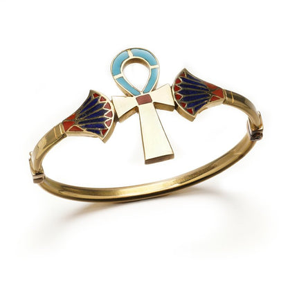 Vintage Egyptian 18ct Yellow Gold, Blue and Red Enamel Ankh Bracelet