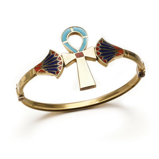 Vintage Egyptian 18ct Yellow Gold, Blue and Red Enamel Ankh Bracelet