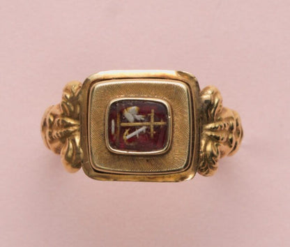 Antique Victorian Hope, Love and Charity Gold Ring; 14ct yellow gold ring with reverse glass painting of the symbols hope, love and charity, floral decorations to shoulders and ribbed shank. Dutch, 19th century