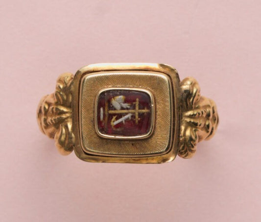 Antique Victorian Hope, Love and Charity Gold Ring; 14ct yellow gold ring with reverse glass painting of the symbols hope, love and charity, floral decorations to shoulders and ribbed shank. Dutch, 19th century