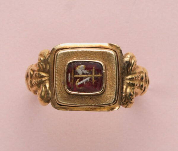 Antique Victorian Hope, Love and Charity Gold Ring; 14ct yellow gold ring with reverse glass painting of the symbols hope, love and charity, floral decorations to shoulders and ribbed shank. Dutch, 19th century