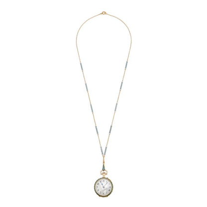 Vintage 1940s Gold and Guilloche Enamel Pendant Pocket Watch with Necklace